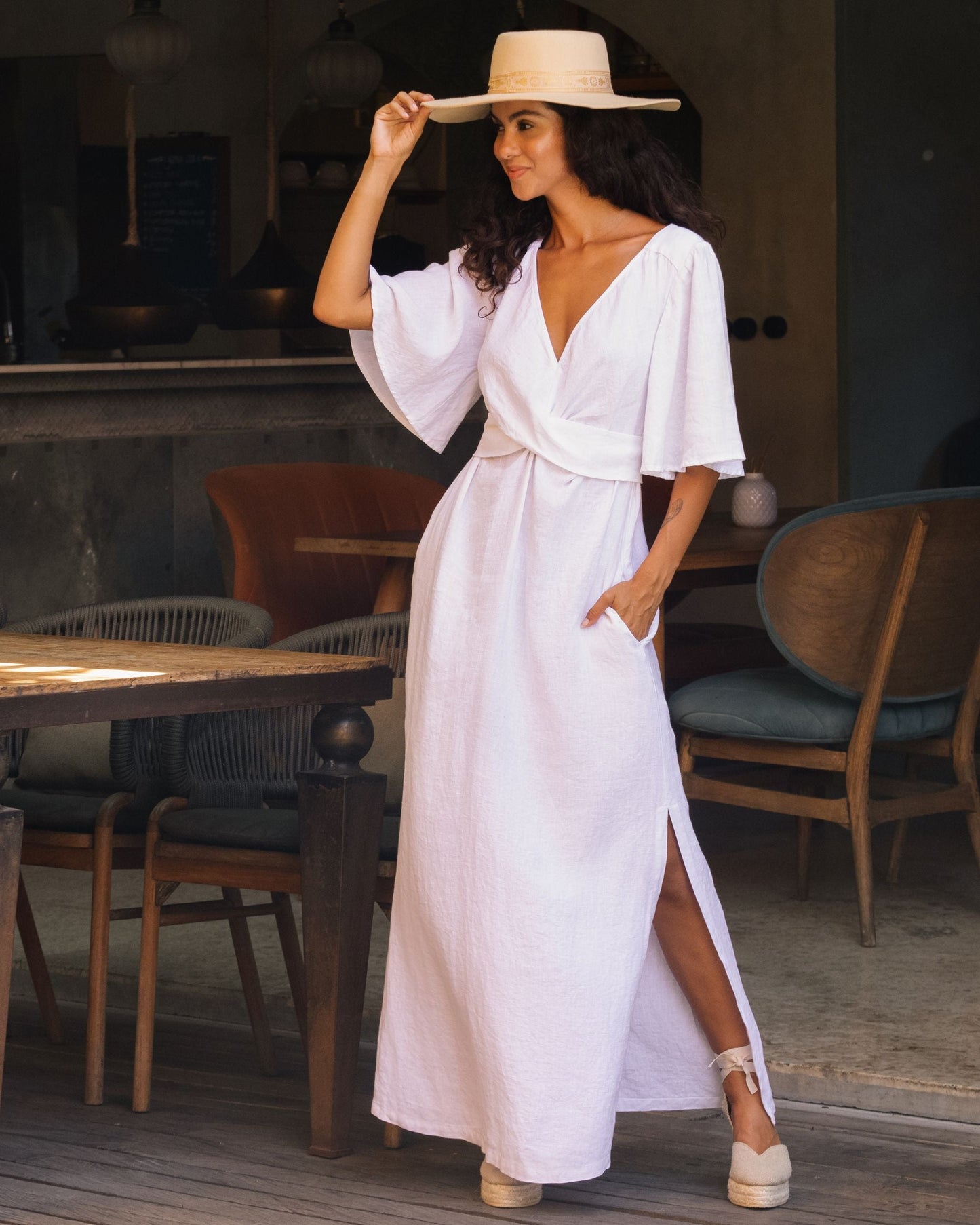Maxi linen dress AGRA in White - MagicLinen