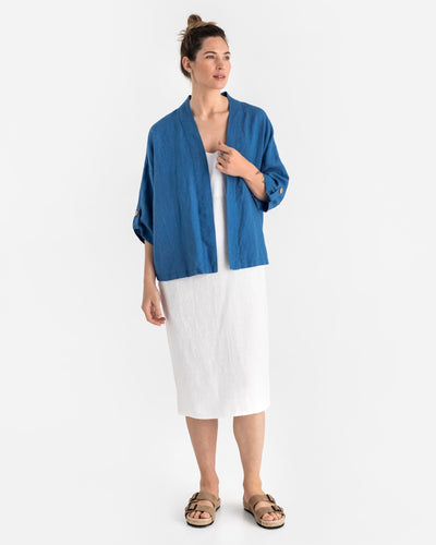 Linen kimono jacket BANOS in Cobalt blue - MagicLinen modelBoxOn