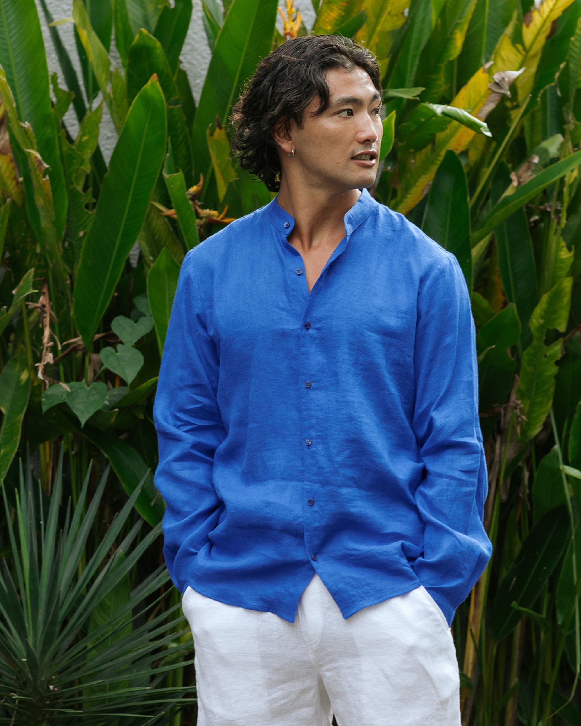 Men's linen band collar shirt BONAIRE in Classic blue