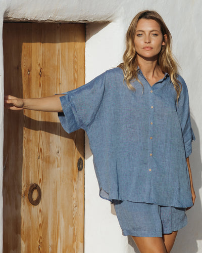 Short-sleeved linen top CABRERA in Denim chambray - MagicLinen