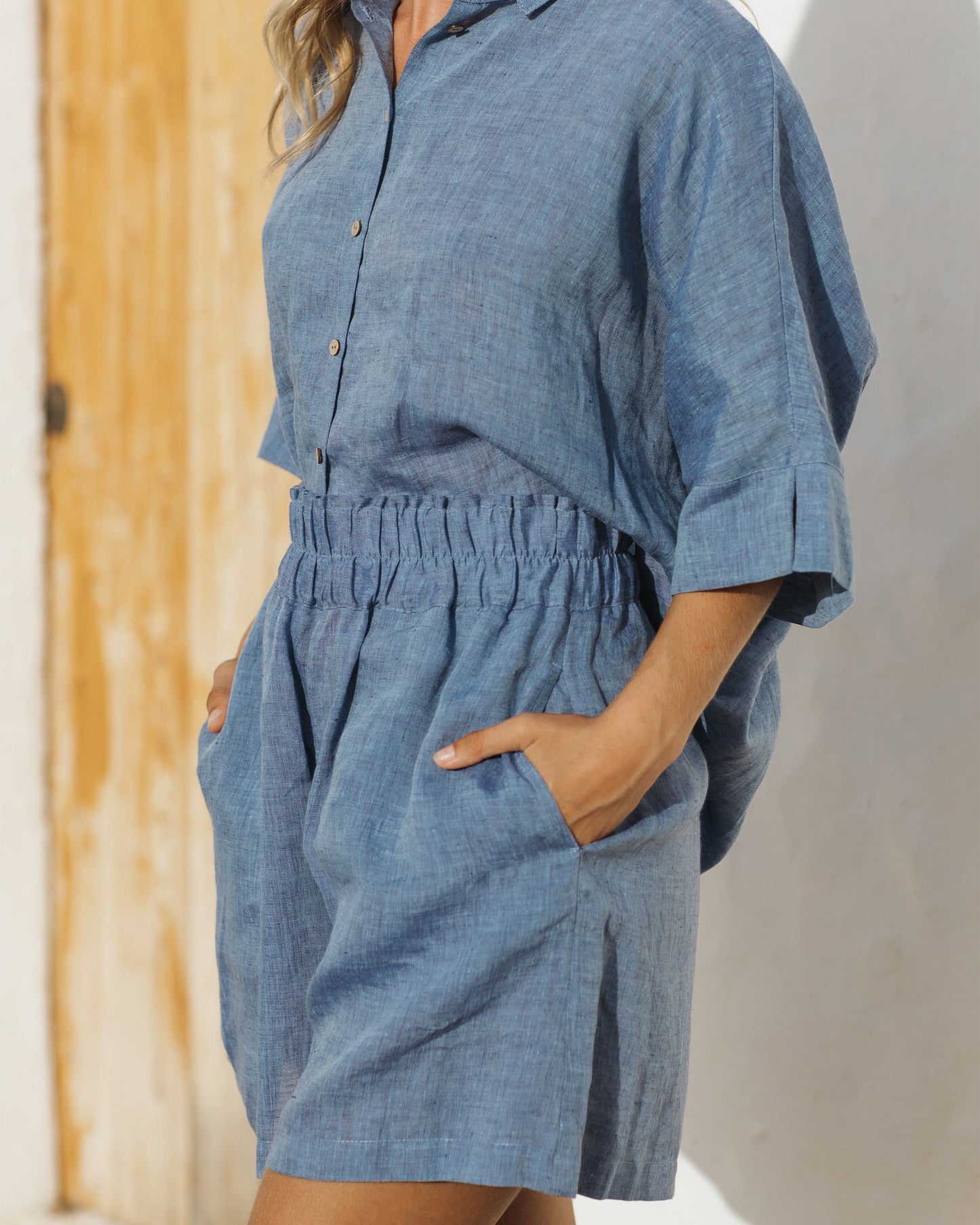 High waisted linen shorts CUENCA in Denim chambray - MagicLinen