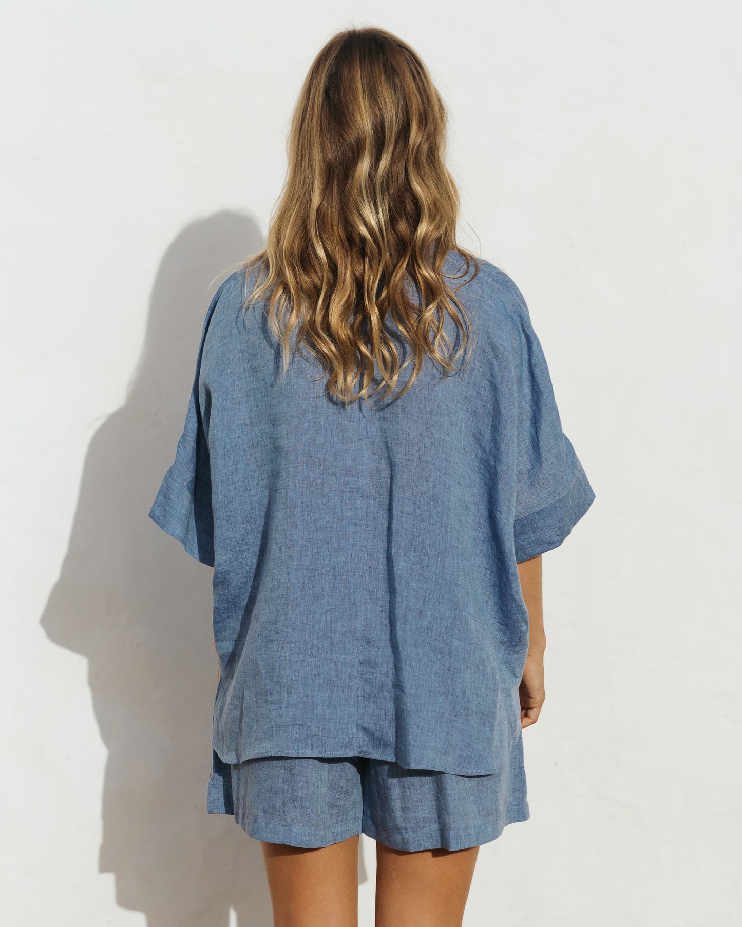 High waisted linen shorts CUENCA in Denim chambray - MagicLinen