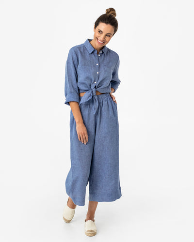 Wide leg linen culotte pants BRUNY in Denim chambray - MagicLinen