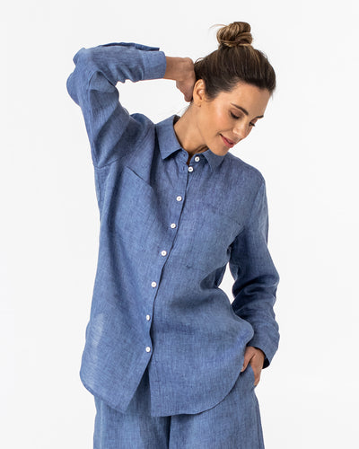 Long-sleeved linen shirt CALPE in Denim chambray - MagicLinen