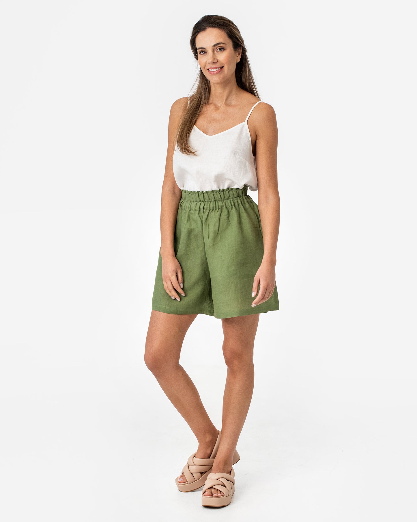 High waisted linen shorts CUENCA in Forest green - MagicLinen