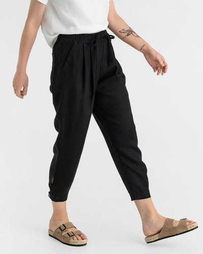 Tapered linen pants MONTAUK in Black - MagicLinen modelBoxOn