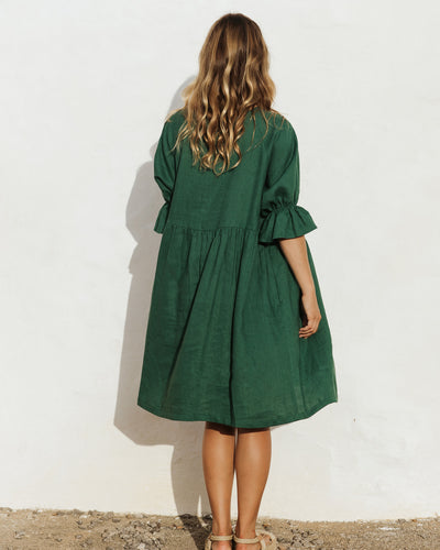 Voluminous linen dress NERJA in Green - MagicLinen