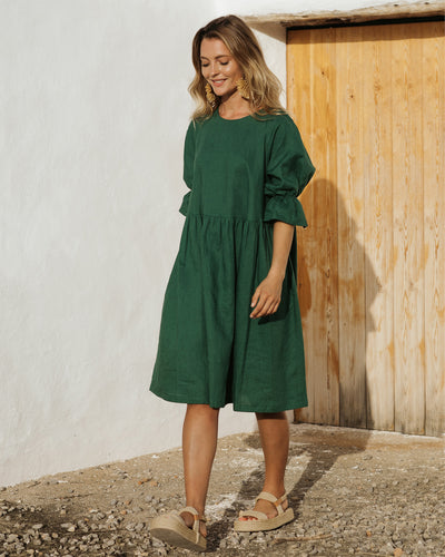 Voluminous linen dress NERJA in Green - MagicLinen