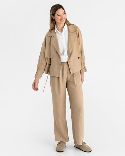 Cropped linen trench coat OBAN in Wheat - MagicLinen modelBoxOn