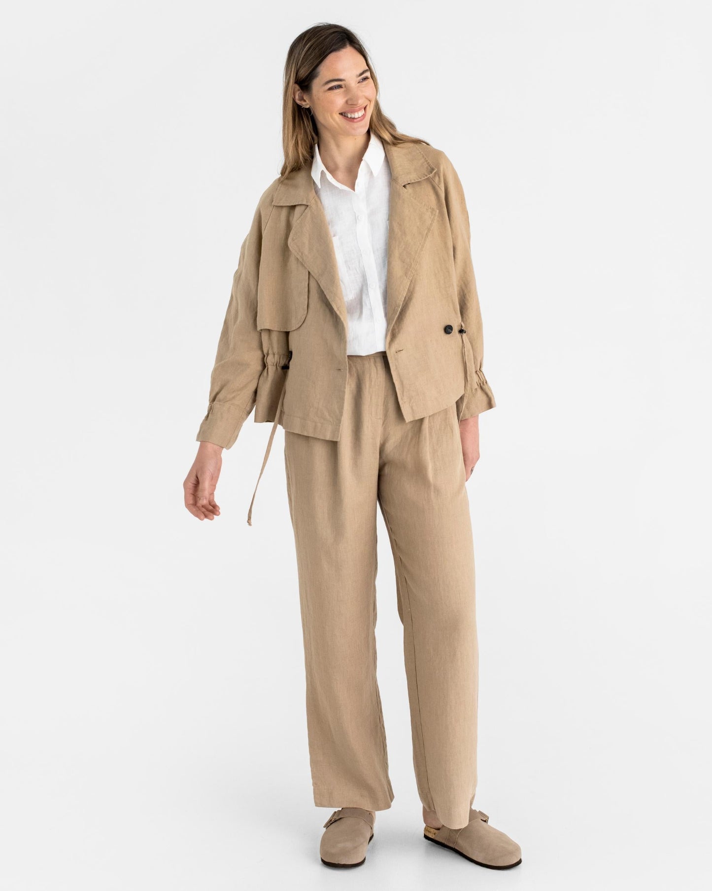 Cropped linen trench coat OBAN in Wheat - MagicLinen modelBoxOn