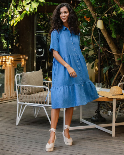 Tiered linen dress PETRA in Cobalt blue modelBoxOn2