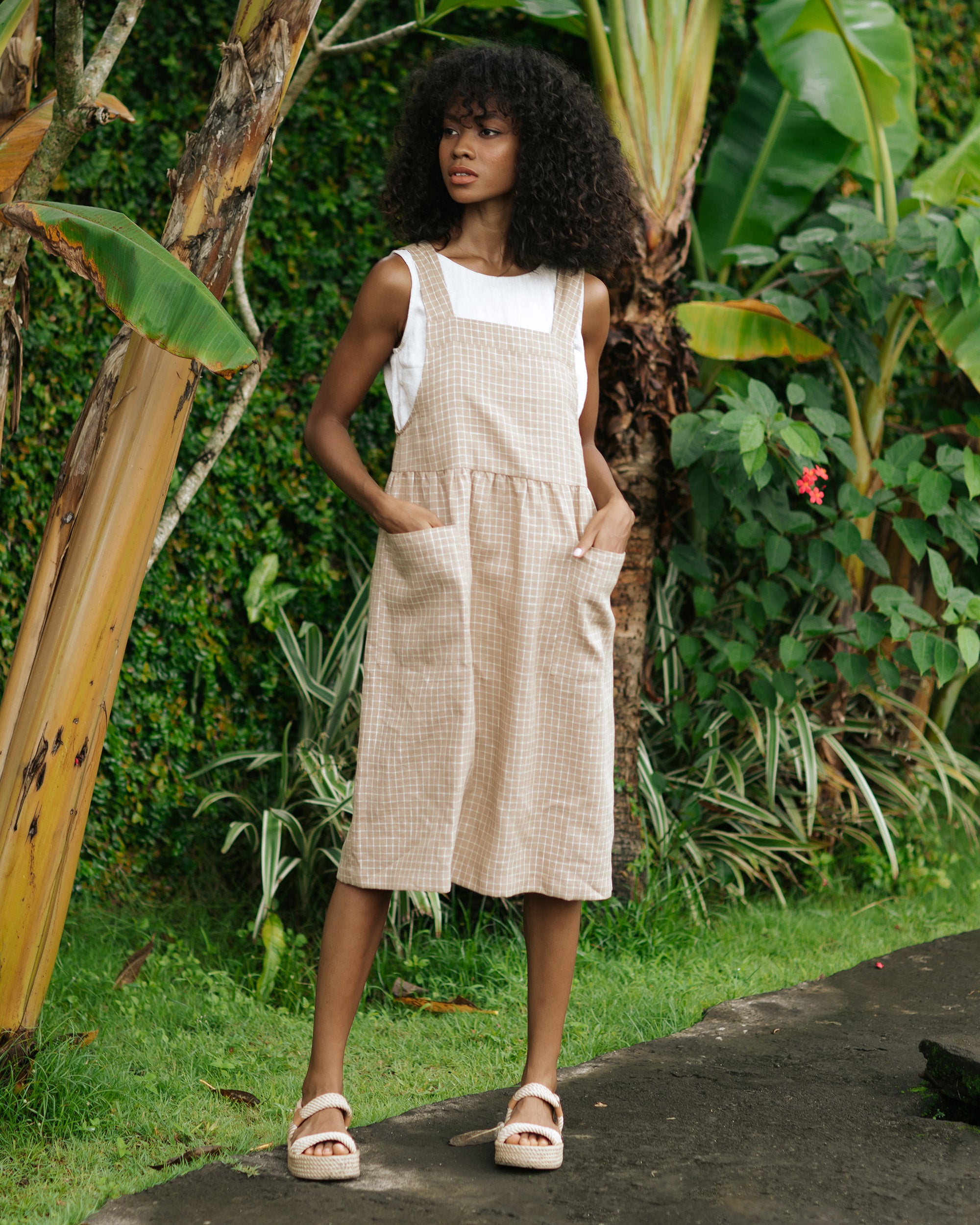 Pinafore Linen Dress Roatan in Brown Windowpane | MagicLinen S Pinafore Linen Dress Roatan in Brown Windowpane | MagicLinen S