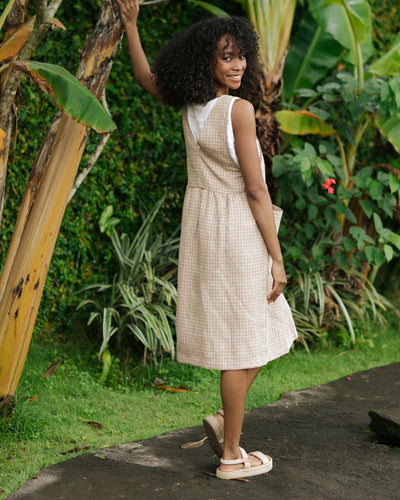 Pinafore linen dress ROATAN in Brown windowpane - MagicLinen