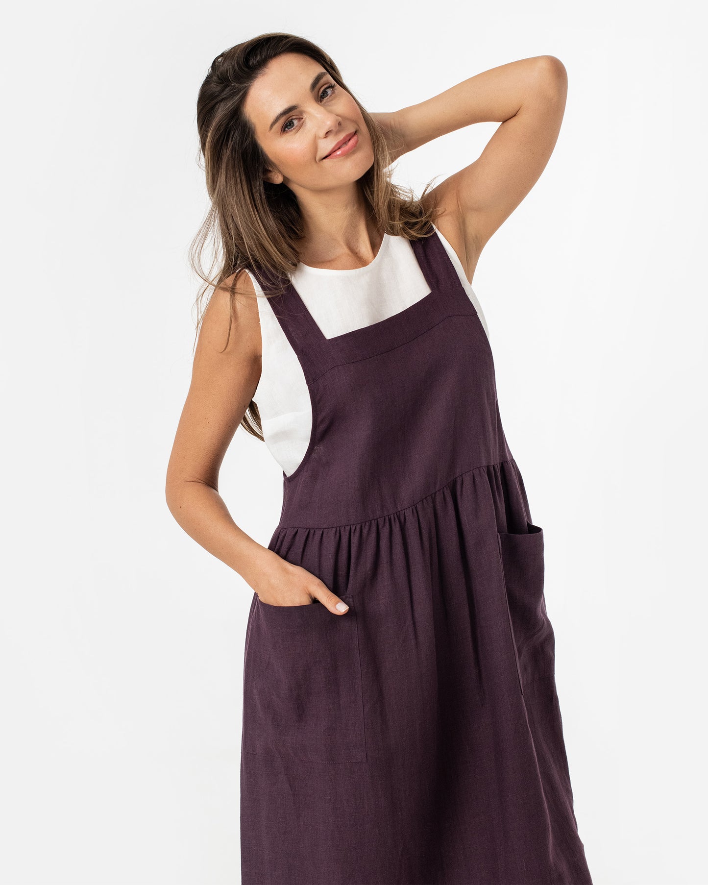 Pinafore linen dress ROATAN in Dark purple - MagicLinen