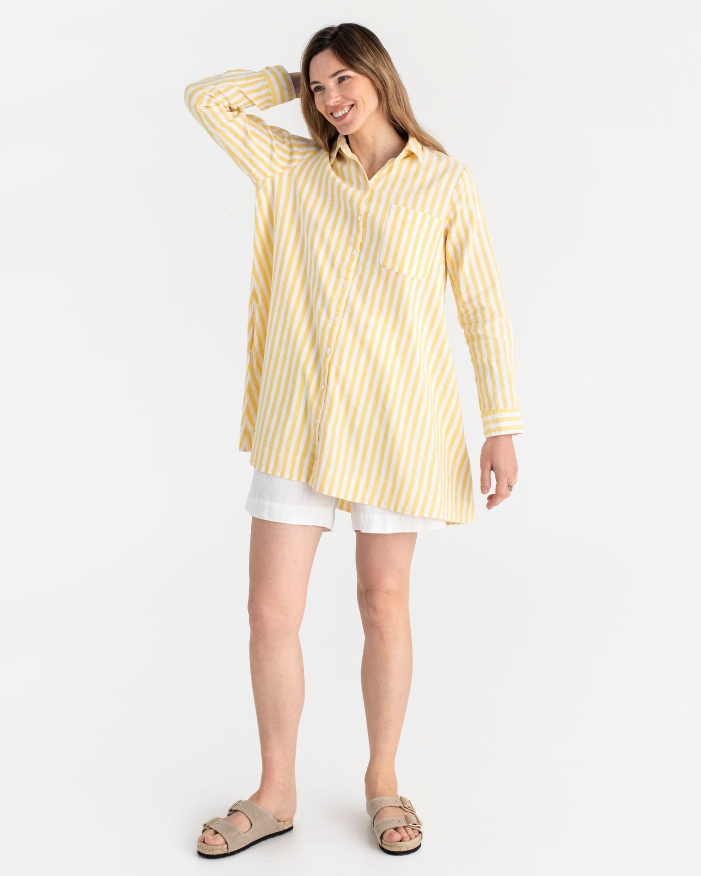 Long linen shirt WANAKA in Yellow stripes - MagicLinen