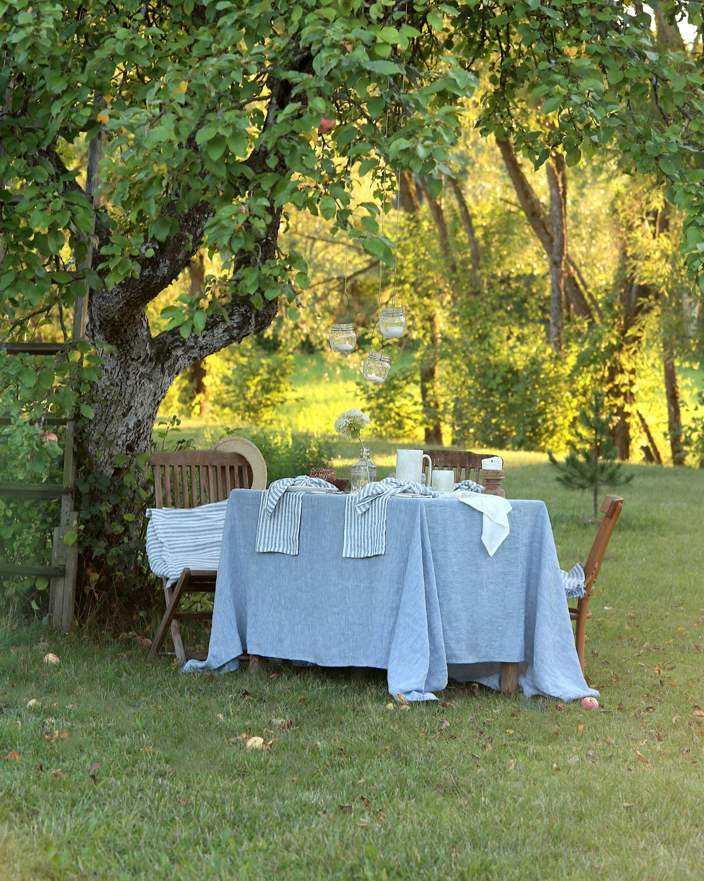 Custom size Blue melange linen tablecloth - MagicLinen