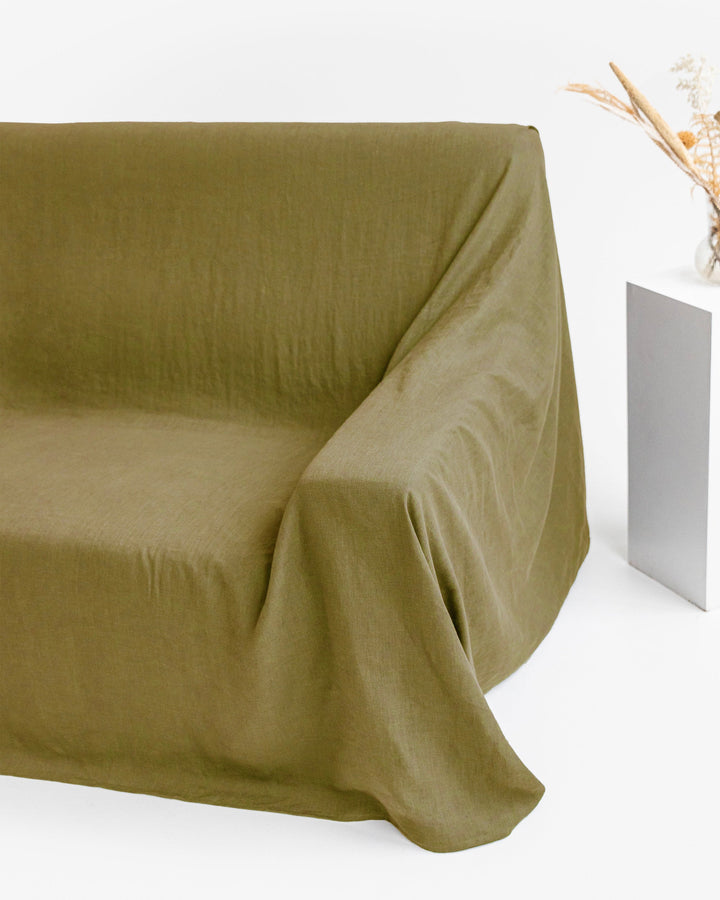 Custom size linen couch cover in Olive green - MagicLinen