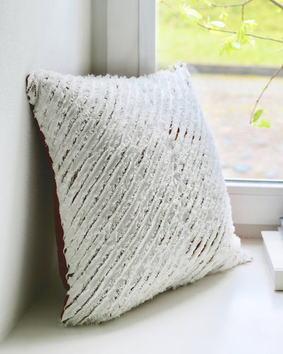 Decorative linen pillow cover with striped fabric in White & Cinnamon - MagicLinen