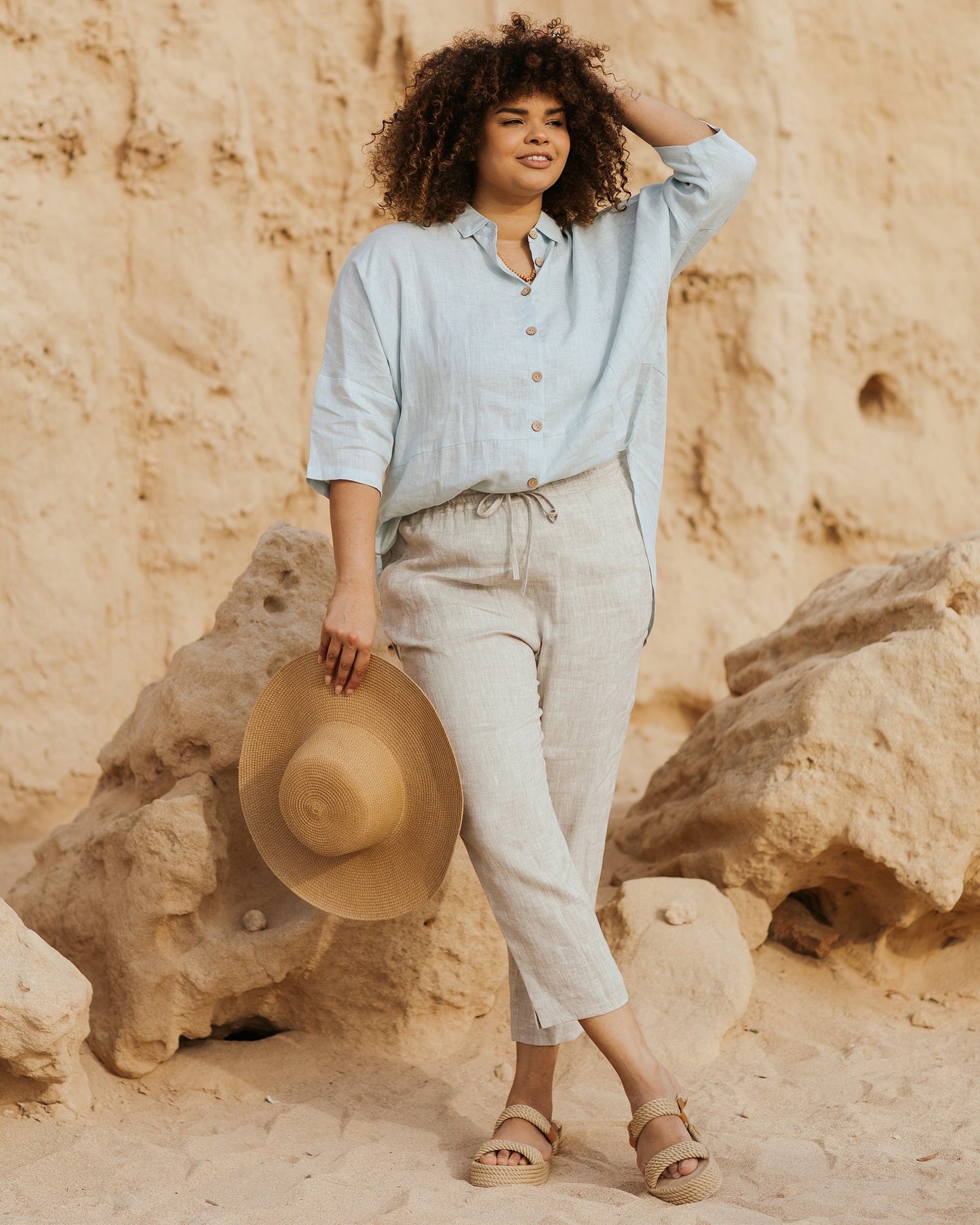 Flowing linen tunic-shirt SANIBEL in dusty blue - MagicLinen