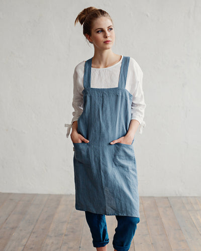 Japanese cross-back linen apron in Gray blue - MagicLinen