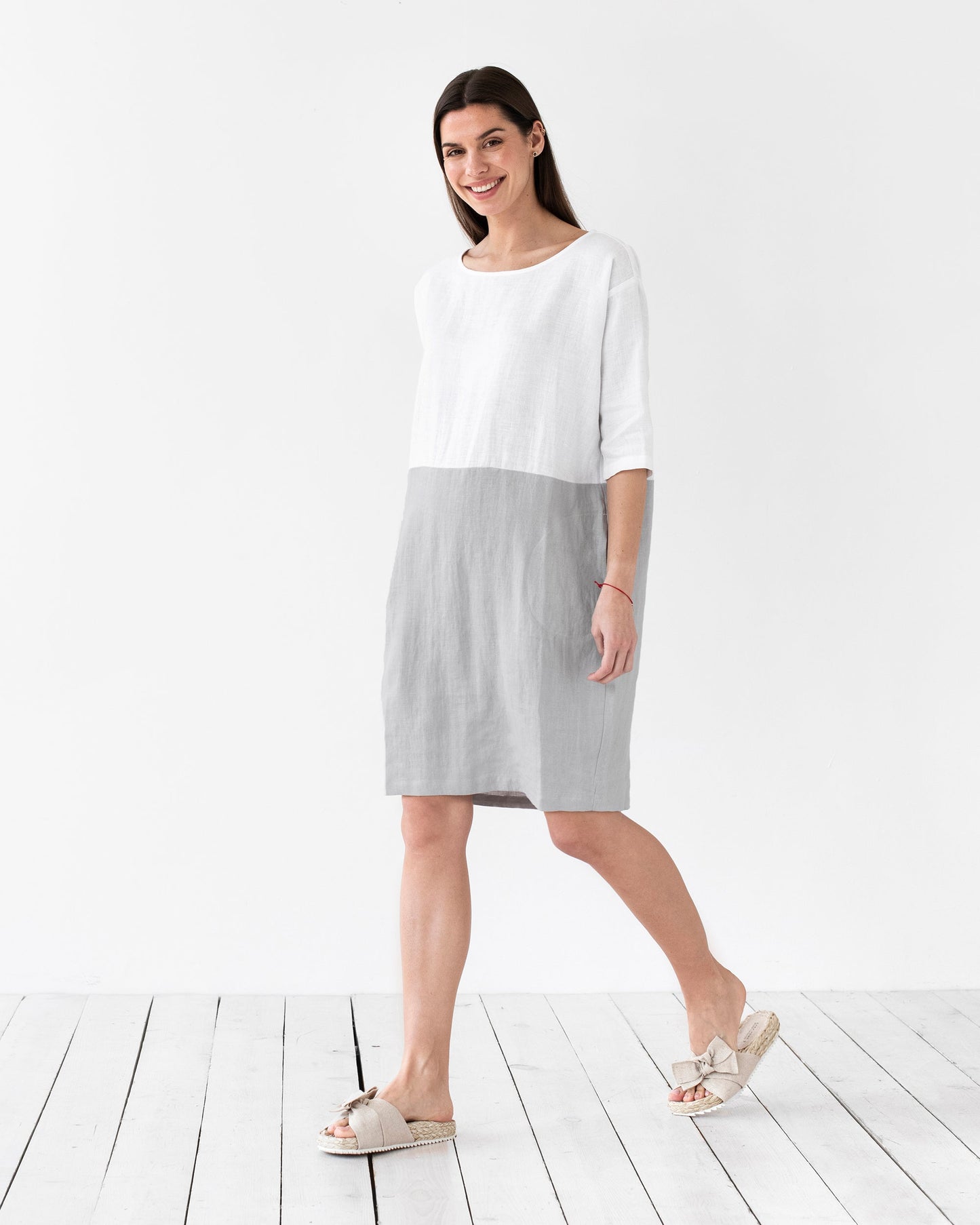 Color-block linen dress ADRIA in white-gray - MagicLinen