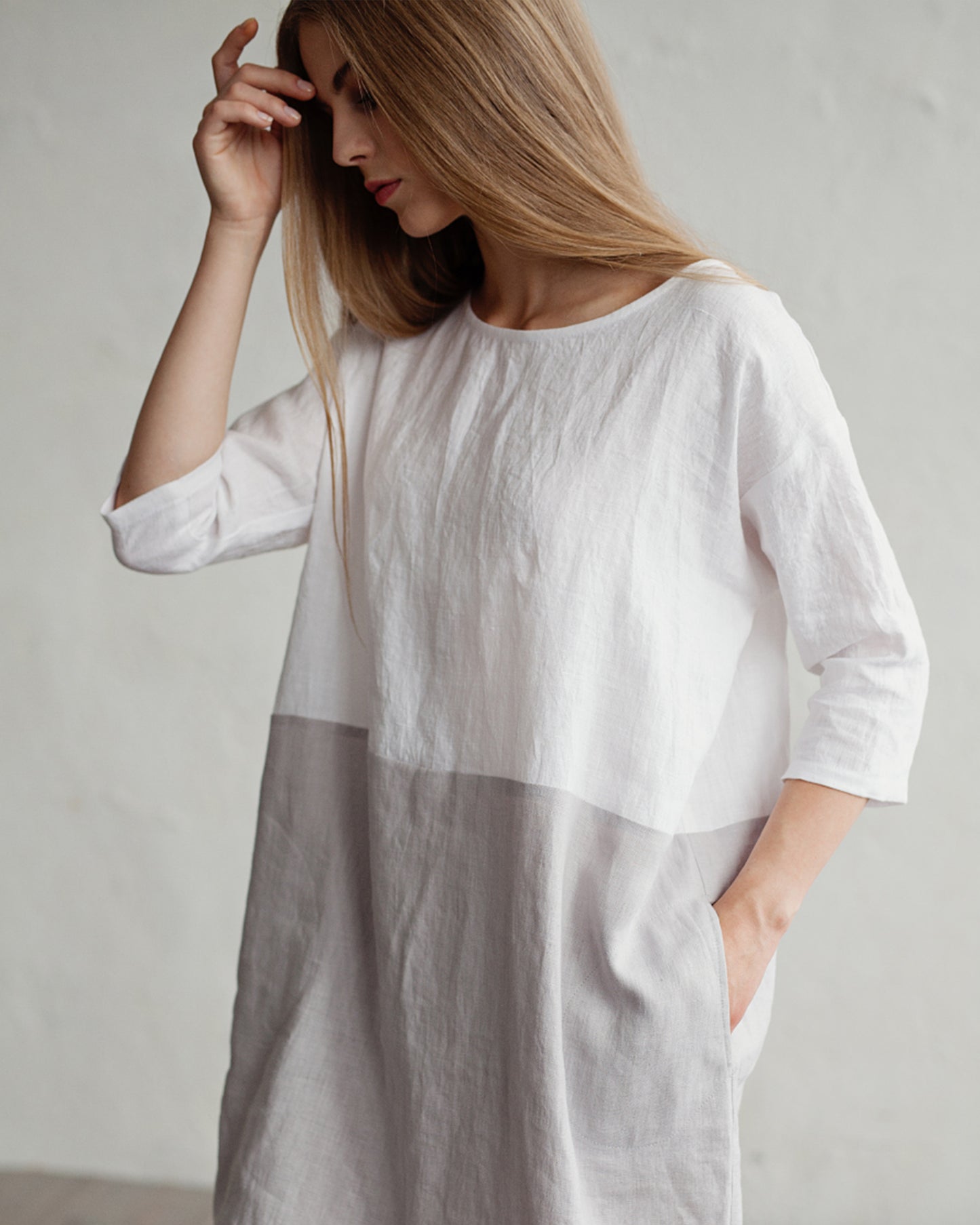 Color-block linen dress ADRIA in white-gray - MagicLinen