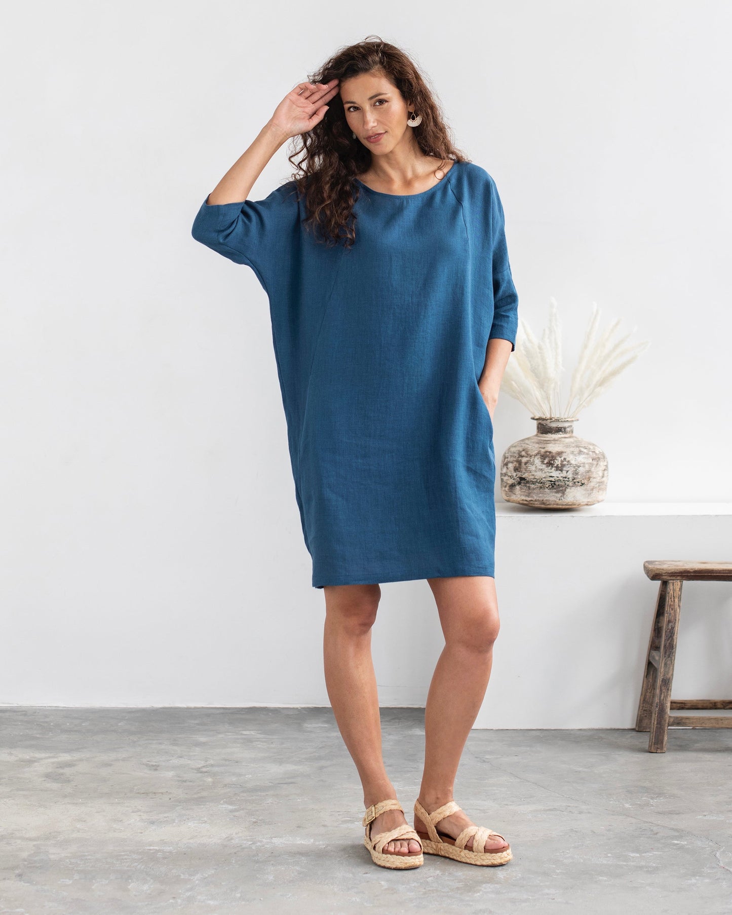 Relaxed fit linen dress ARUBA in navy blue - MagicLinen
