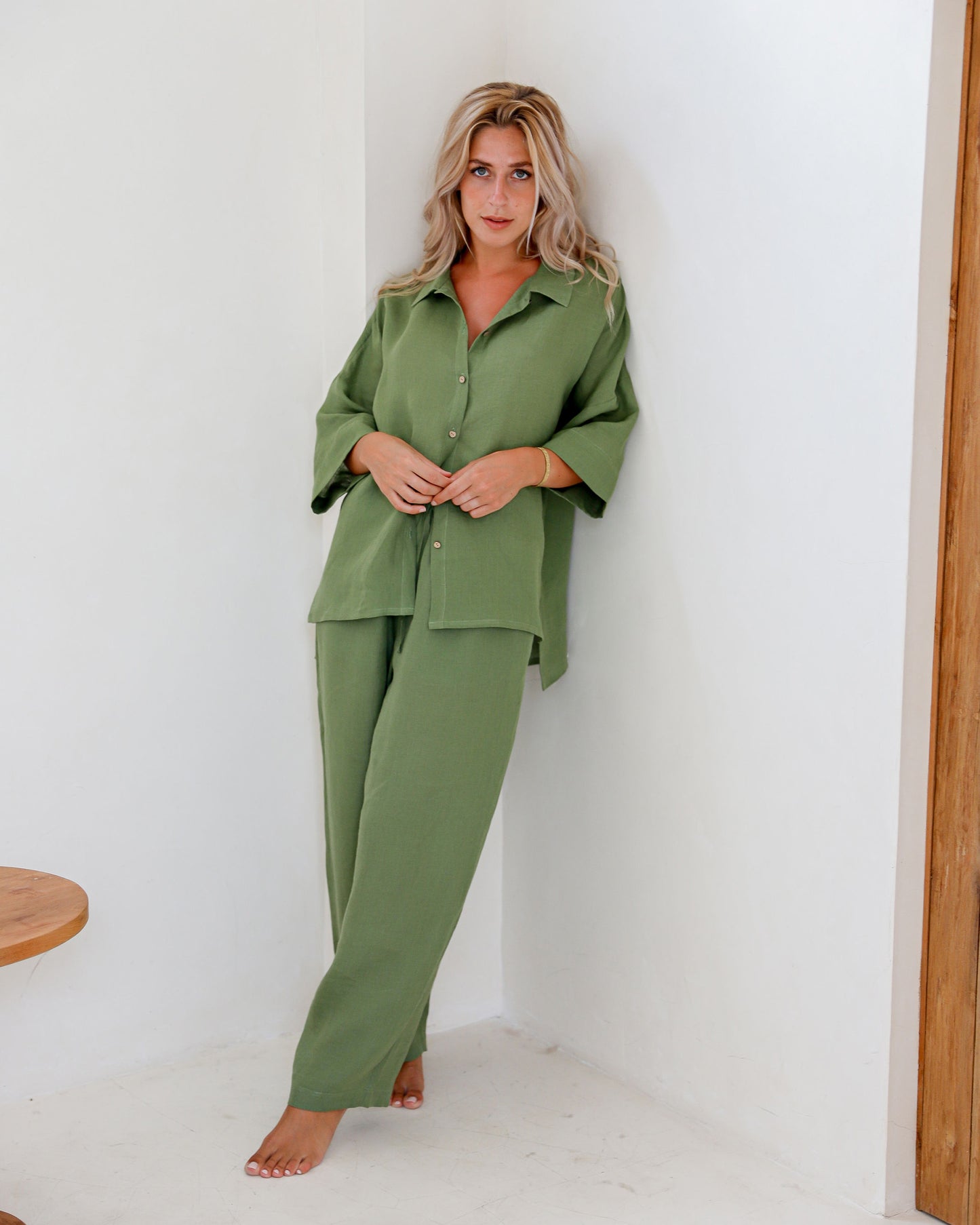 Relaxed-fit Forest Green linen pajama set styled for mindful morning routine