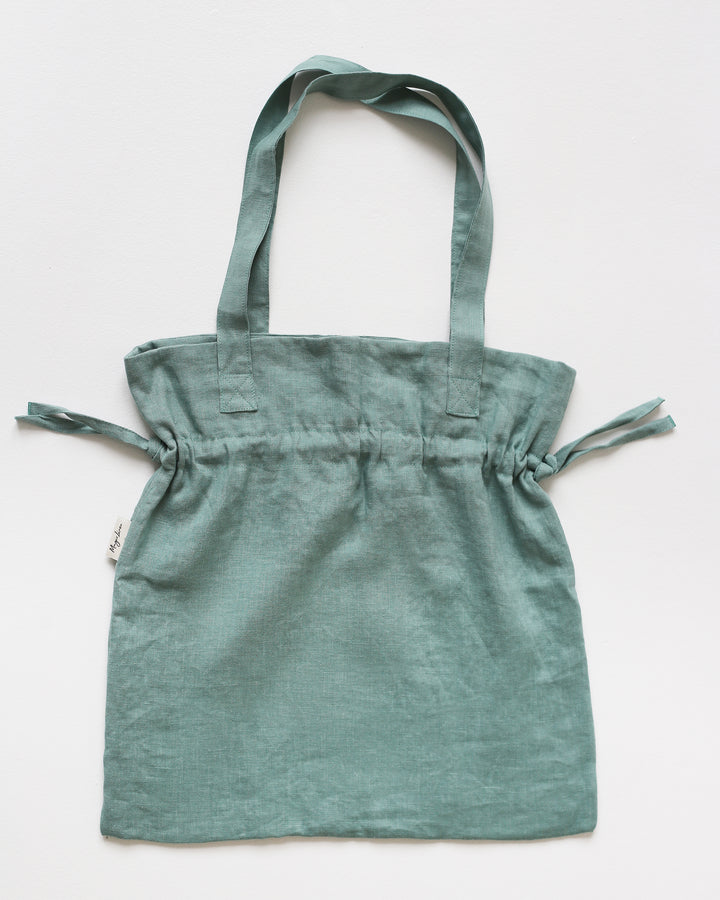 Linen tie tote bag in Teal blue - MagicLinen