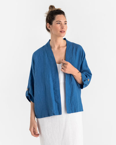 Linen kimono jacket BANOS in Cobalt blue - MagicLinen modelBoxOn