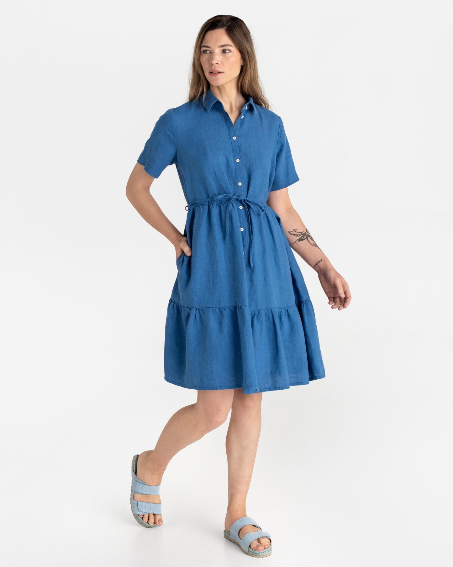 Tiered linen dress PETRA in Cobalt blue - MagicLinen modelBoxOn