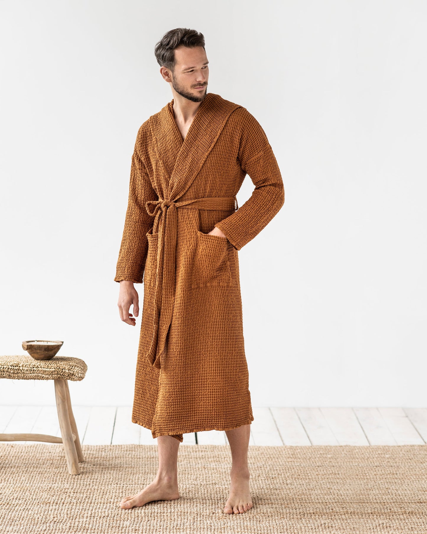 Men's waffle linen robe in Cinnamon - MagicLinen