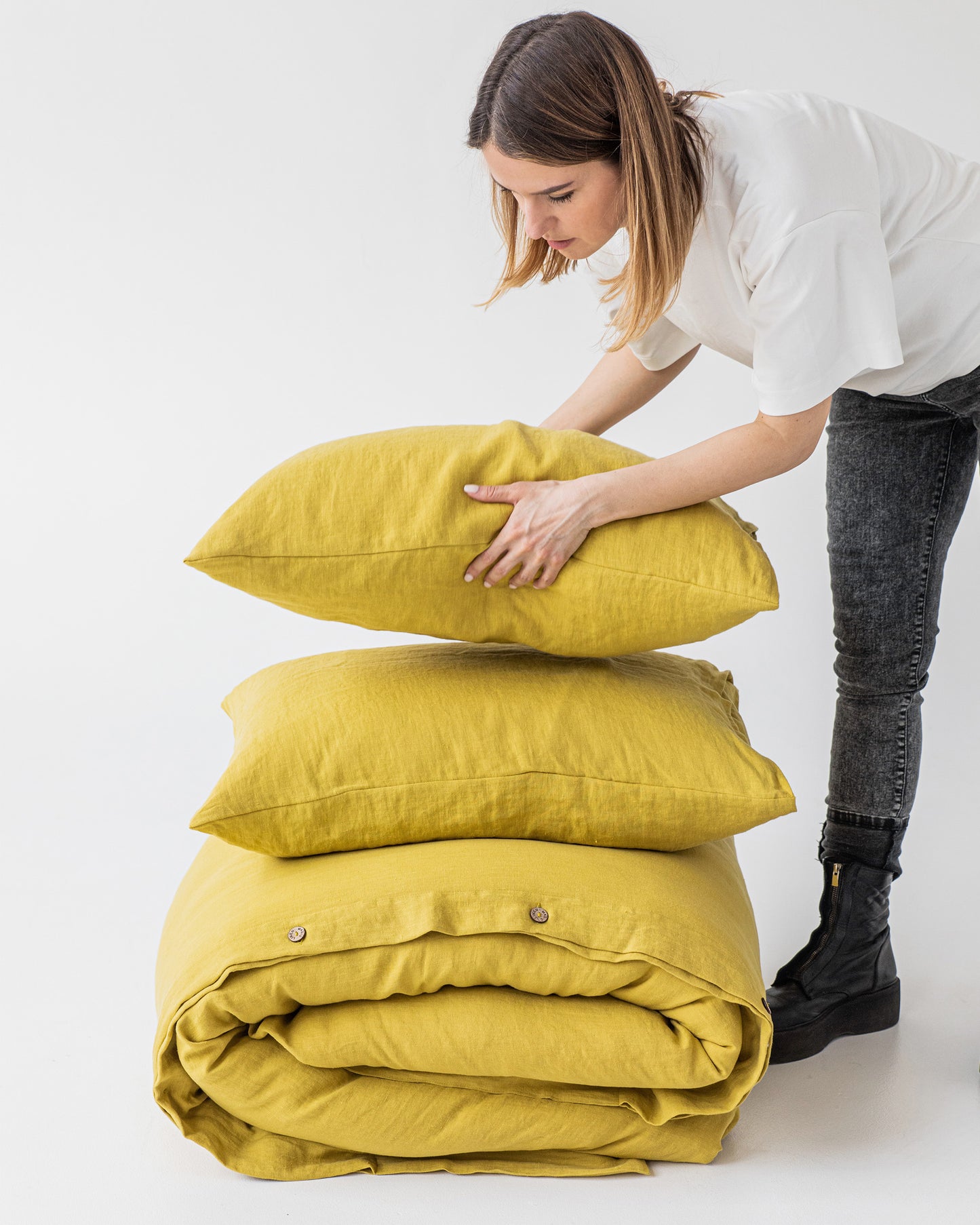 Moss yellow linen duvet cover set (3 pcs) - MagicLinen