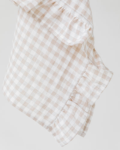 Ruffle trim linen tea towel in Natural gingham - MagicLinen