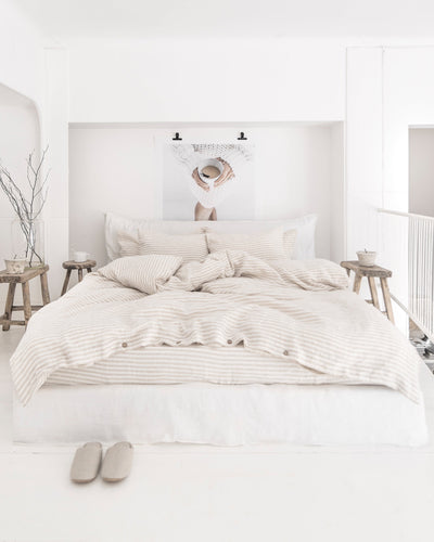 Striped in natural linen duvet cover set (3 pcs) - MagicLinen