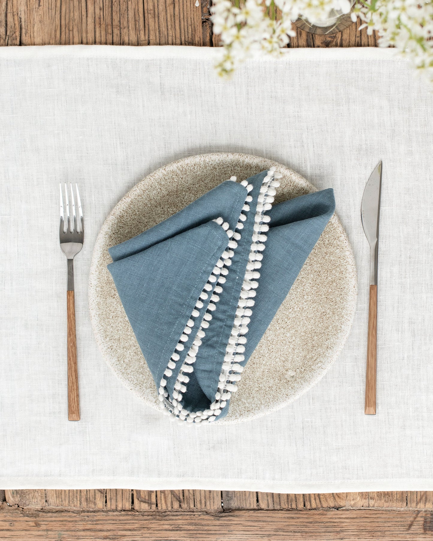 Pom pom trim linen napkin set of 2 in Gray blue - MagicLinen