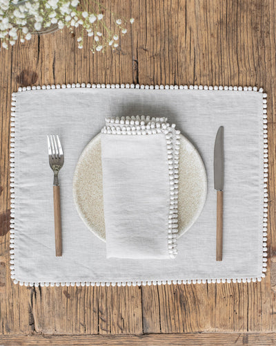Pom pom trim linen napkin set of 2 in Light gray - MagicLinen