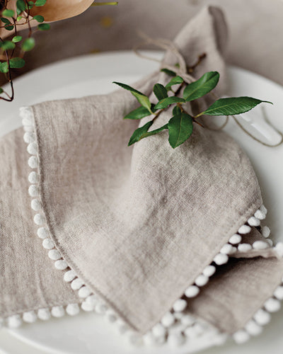 Pom pom trim linen napkin set of 2 in Natural linen - MagicLinen