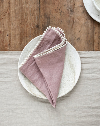 Pom pom trim linen napkin set of 2 in Woodrose - MagicLinen