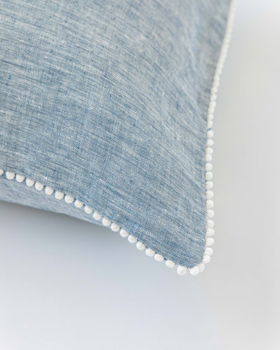 Pom pom trim linen pillowcase in Blue melange - MagicLinen