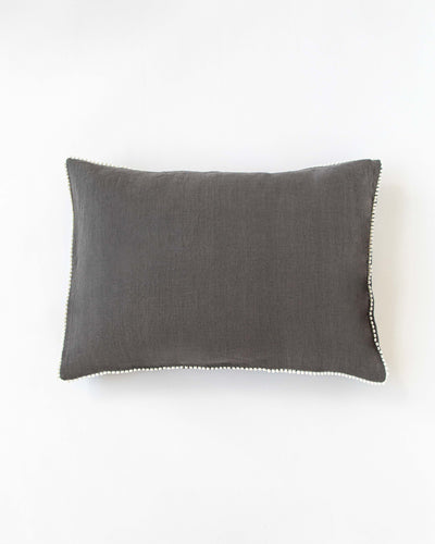 Pom pom trim linen pillowcase in Charcoal gray - MagicLinen