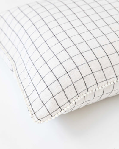Pom pom trim linen pillowcase in Charcoal grid - MagicLinen