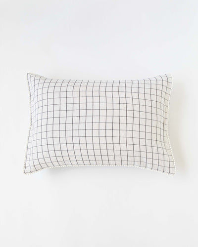 Pom pom trim linen pillowcase in Charcoal grid - MagicLinen