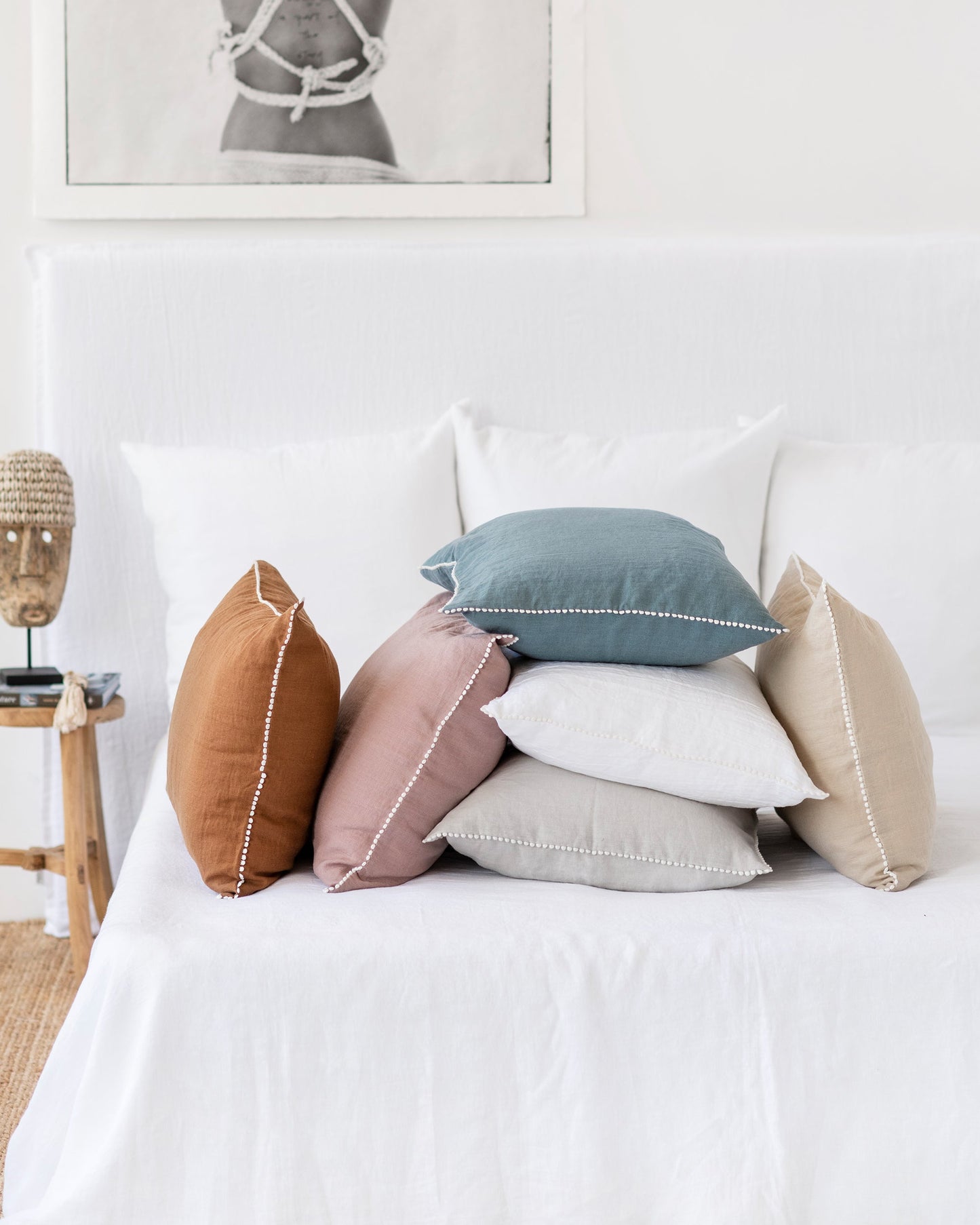 Pom pom trim linen pillowcase in Gray blue - MagicLinen