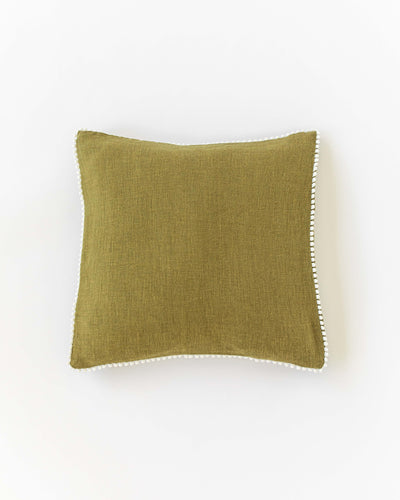 Cushion cover with pom poms in Olive green - MagicLinen