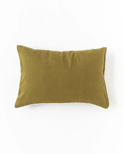 Pom pom trim linen pillowcase in Olive green - MagicLinen