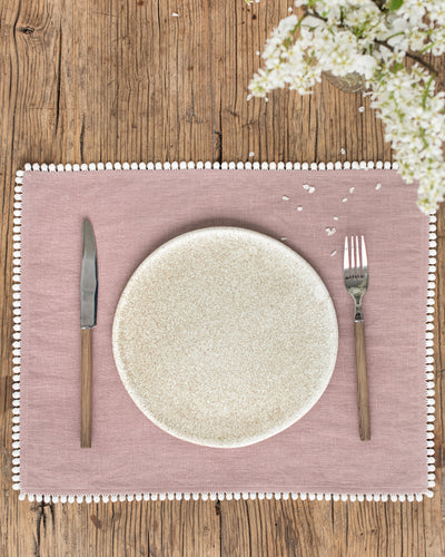 Pom pom trim linen placemat set of 2 in Woodrose - MagicLinen