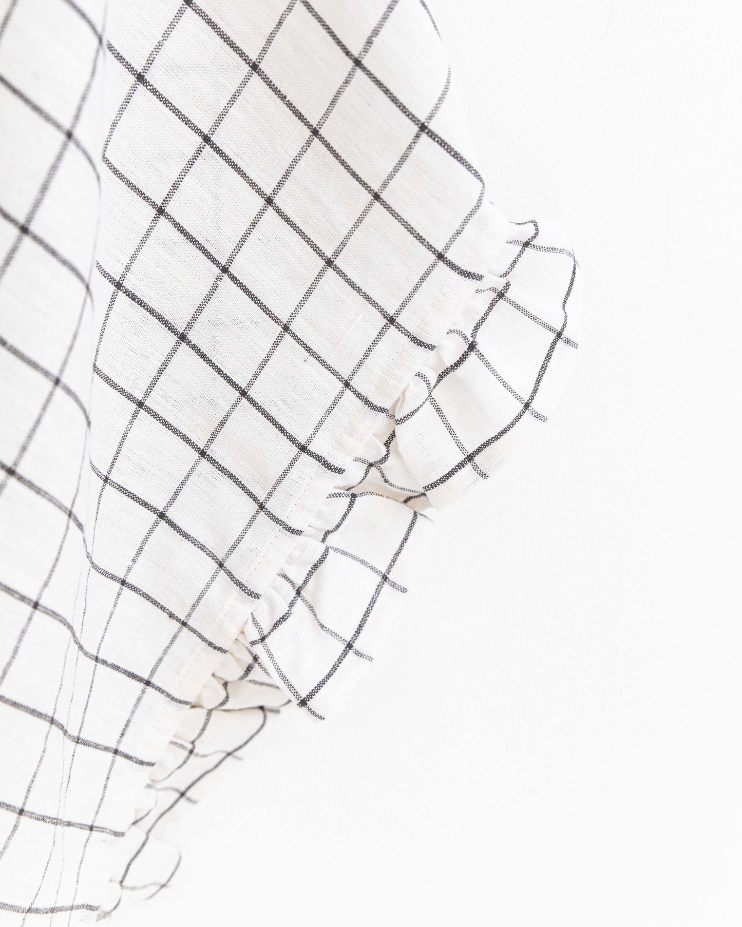 Ruffle trim linen tea towel in Charcoal grid - MagicLinen