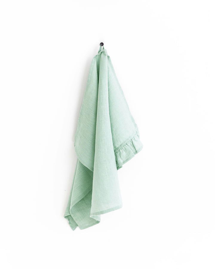 Ruffle trim linen tea towel in Sage green - MagicLinen