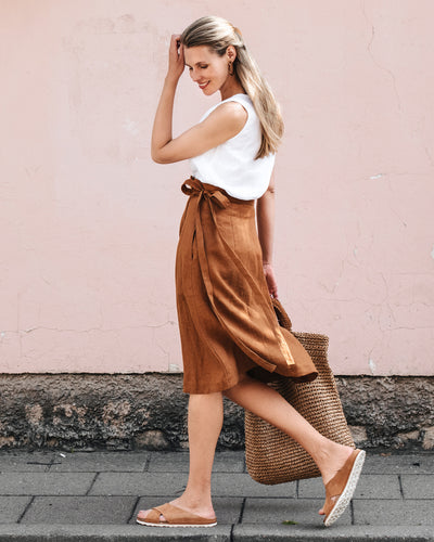 High-waist linen wrap skirt SEVILLE in Cinnamon - MagicLinen